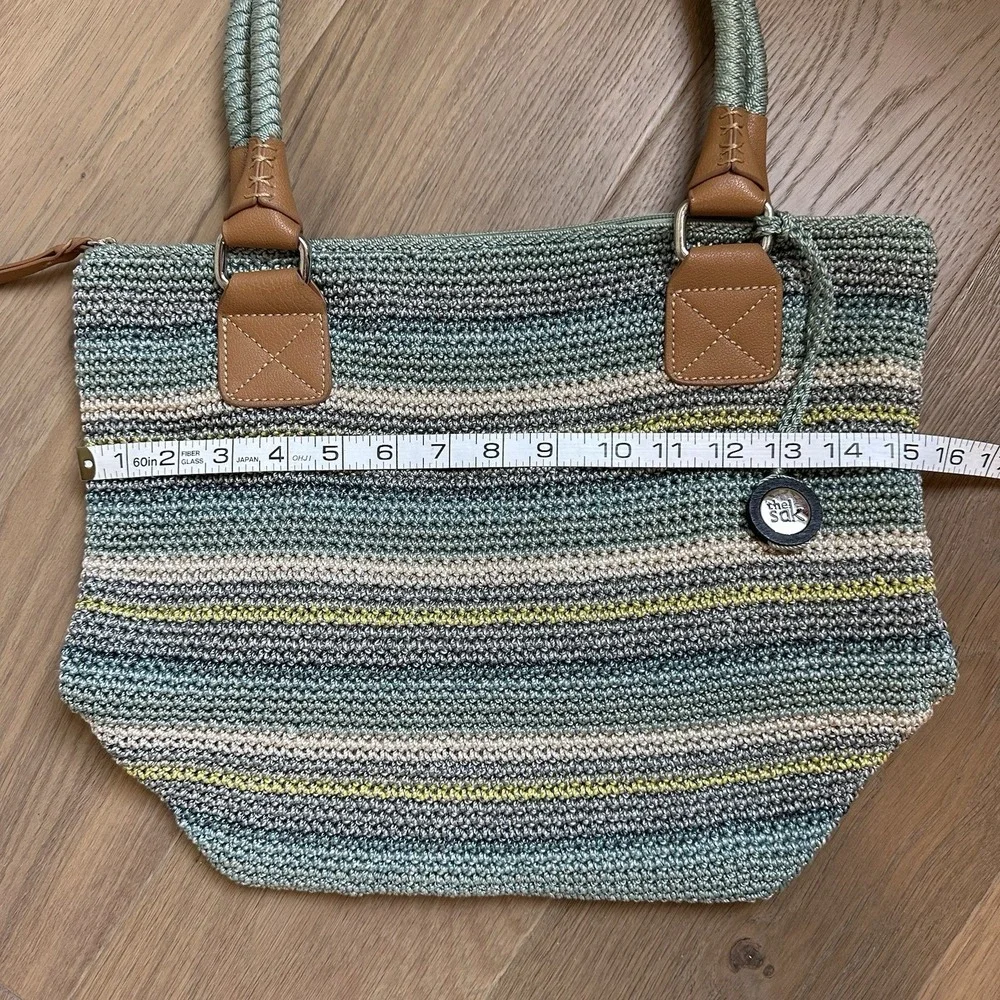 The Sak Cambria Crochet Aqua Stripe Shoulder‎ Bag Purse Double Handle